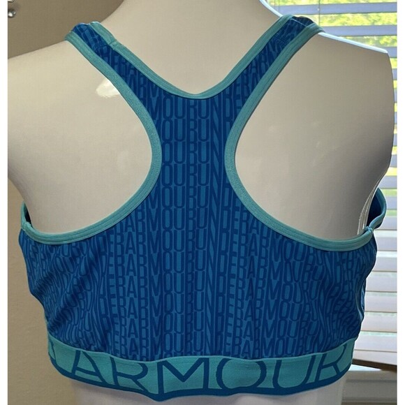 Under Armour Sports Bra Racerback Wireless Compression Heatgear Spellout Blue XL - Picture 3 of 4